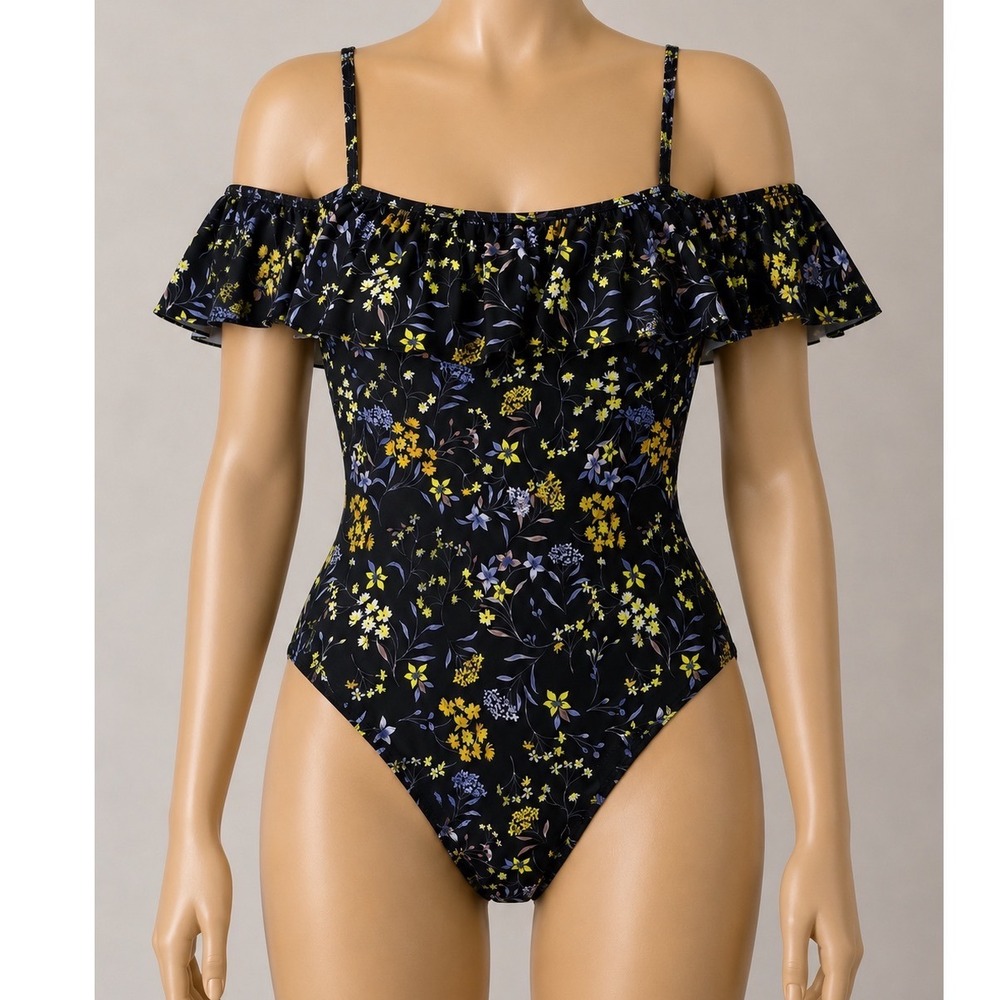 Fashion Womens Black Floral Off Shoulder‎ Ruffle One Piece Swimsuit Size L NWT
